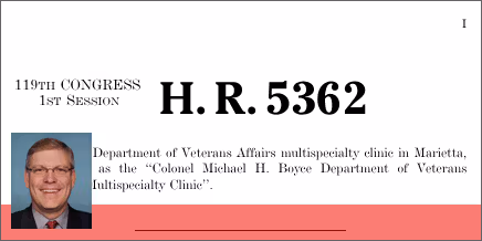 H.R. 5362: To name the Department of Veterans Affairs multispecialty clinic in Marietta, Georgia, as the “Colonel Michael H. Boyce Department of Veterans Affairs Multispecialty Clinic”.