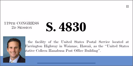 S. 4830: A bill to designate the facility of the United States Postal Service located at 86-014 Farrington Highway in Waianae, Hawaii, as the “United States Representative Colleen Hanabusa Post Office Building”.