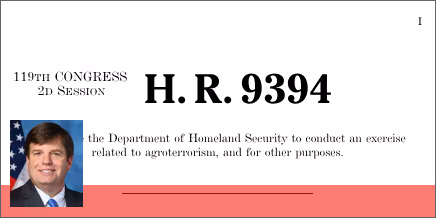 H.R. 9394: Civil Preparedness for Agroterrorism Exercise Act of 2026
