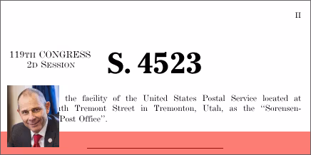 S. 4523: A bill to designate the facility of the United States Postal Service located at 111 South Tremont Street in Tremonton, Utah, as the “Sorensen-Estrada Post Office”.
