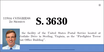 S. 3630: A bill to designate the facility of the United States Postal Service located at 46164 Westlake Drive in Sterling, Virginia, as the “Firefighter Trevor Brown Post Office Building”.