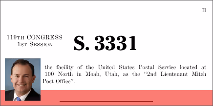 S. 3331: A bill to designate the facility of the United States Postal Service located at 50 East 100 North in Moab, Utah, as the “2nd Lieutenant Mitch Williams Post Office”.